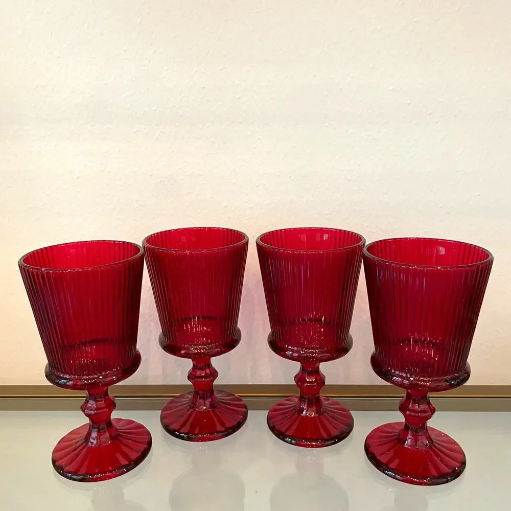 Set of 4 Ruby Red Water Goblets 8in Holiday Wine Glasses NEW